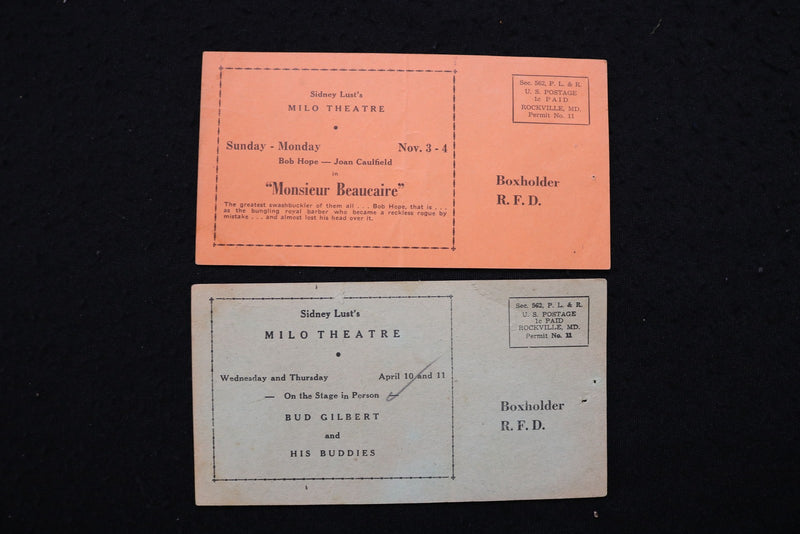 1940'S SIDNEY LUST'S MILO THEATRE PROGRAM CARDS - LOT OF 4 - ROCKVILLE - K 2819