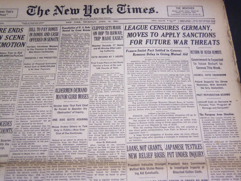 1935 APRIL 18 NEW YORK TIMES - LEAGUE CENSURES GERMANY - NT 4852