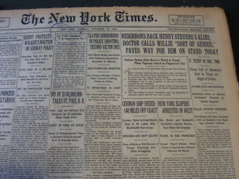1926 NOVEMBER 23 NEW YORK TIMES - NEIGHBORS BACK HENRY STEVEN'S ALIBI - NT 6531
