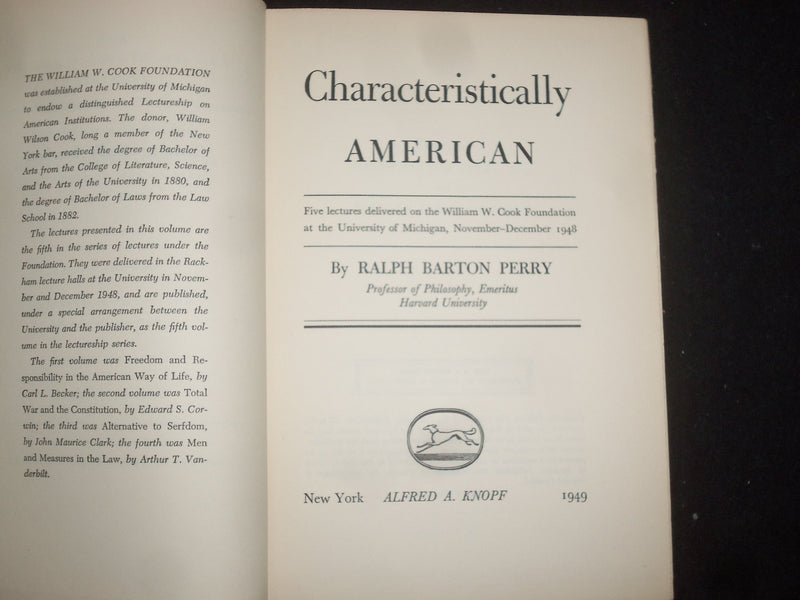 1949 CHARACTERISTICALLY AMERICAN HARDCOVER BOOK BY RALPH BARTON PERRY - KD 9228