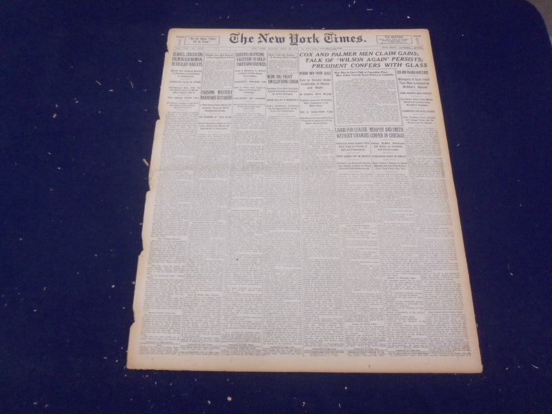 1920 JUNE 20 NEW YORK TIMES - COX AND PALMER MEN CLAIM GAINS - NT 9126