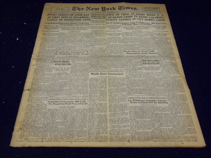1946 NOVEMBER 30 NEW YORK TIMES - SOVIET INSISTS ON ATOM BAN - NT 3171
