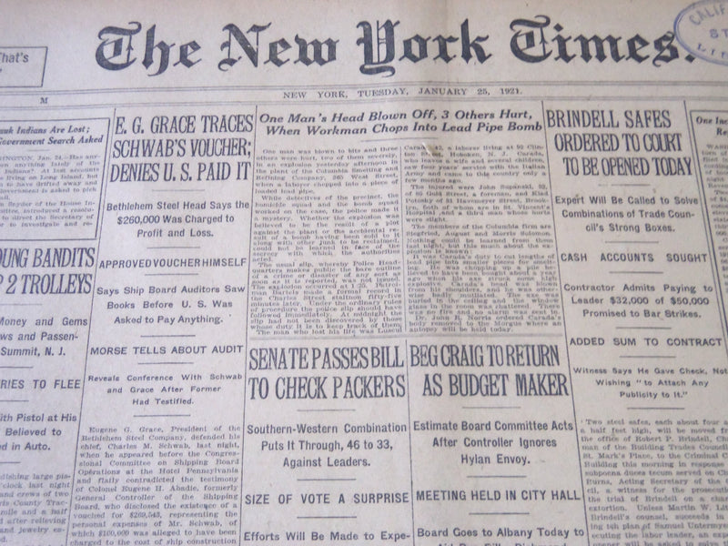 1921 JANUARY 25 NEW YORK TIMES - GRACE TRACES SCHWAB'S VOUCHER - NT 5505