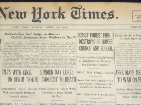 1923 APRIL 23 NEW YORK TIMES - JERSEY FOREST FIRE DESTROYS 23 HOMES - NT 8353