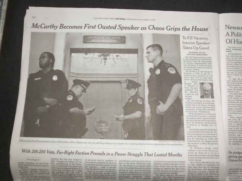 2023 OCTOBER 4 NEW YORK TIMES - MCCARTHY FIRST TO BE REMOVED AS SPEAKER