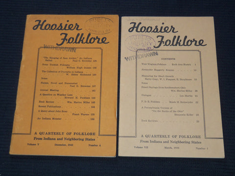 1946-1948 HOOSIER FOLKLORE MAGAZINE LOT OF 2 ISSUES - INDIANA - J 7245