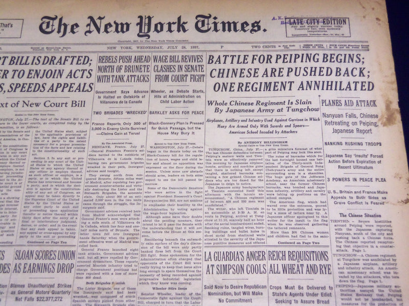1937 JUL 28 NEW YORK TIMES BATTLE FOR PEIPING BEGINS CHINESE PUSHED BACK- NT 441