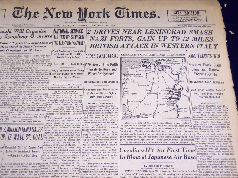 1944 JAN 20 NEW YORK TIMES - DRIVES NEAR LENINGRAD SMASH NAZI FORTS - NT 2386