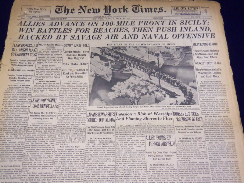 1943 JUL 11 NEW YORK TIMES - ALLIES ADVANCE ON 100 MILE FRONT IN SICILY- NT 1768