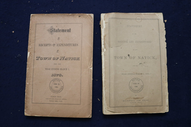 1859-1889 TOWN OF NATICK RECEIPTS AND EXPENDITURE REPORTS - LOT OF 24 - O 3393