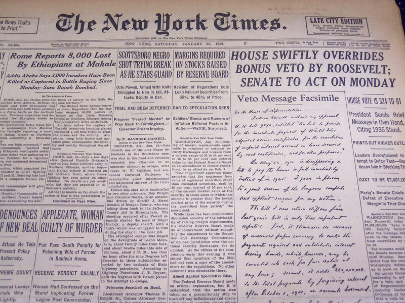 1936 JANUARY 25 NEW YORK TIMES - SCOTTSBORO NEGRO SHOT TRYING BREAK - NT 2091