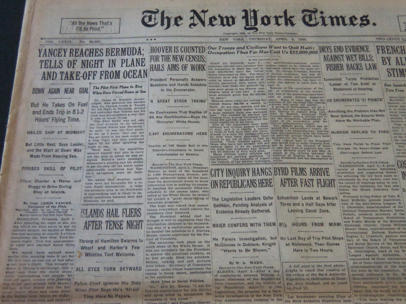 1930 APR 3 NEW YORK TIMES YANCEY REACHES BERMUDA TELLS NIGHT IN PLANE - NT 5637