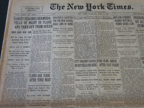 1930 APR 3 NEW YORK TIMES YANCEY REACHES BERMUDA TELLS NIGHT IN PLANE - NT 5637
