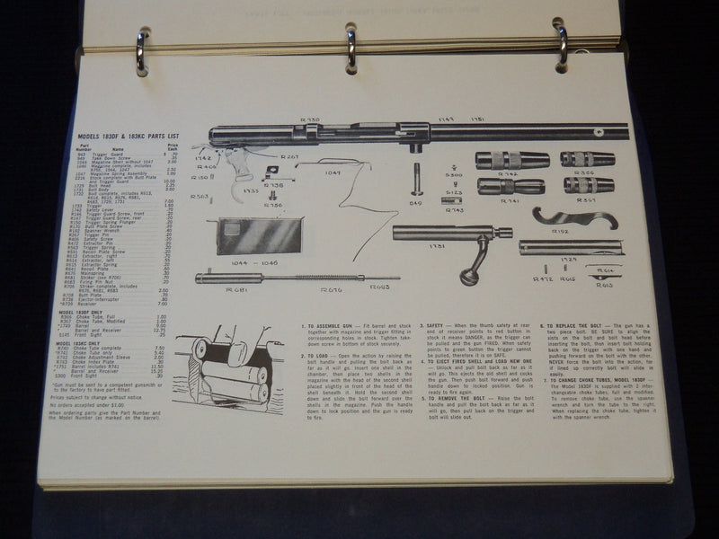 1969-1972 MOSSBERG COMPONENT PARTS LIST LOT OF 2 - SHOTGUNS - RIFLES - KD 805