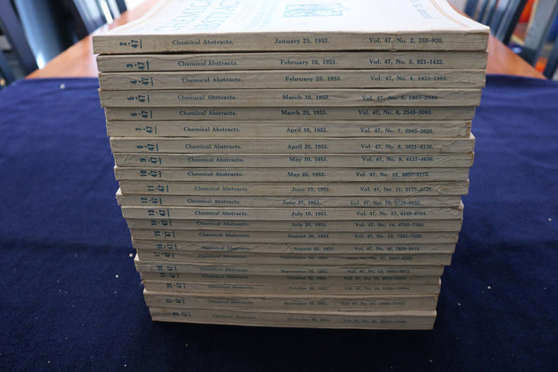 1953 CHEMICAL ABSTRACTS SEMI-MONTHLY MAGAZINE-LOT OF 21 -VOL. 47 #S 2-22 -O 3377
