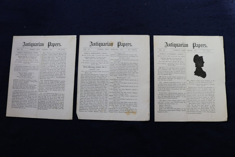 1879-1885 ANTIQUARIAN PAPERS - IPSWICH, MASSACHUSETTS - LOT OF 34 - K 780