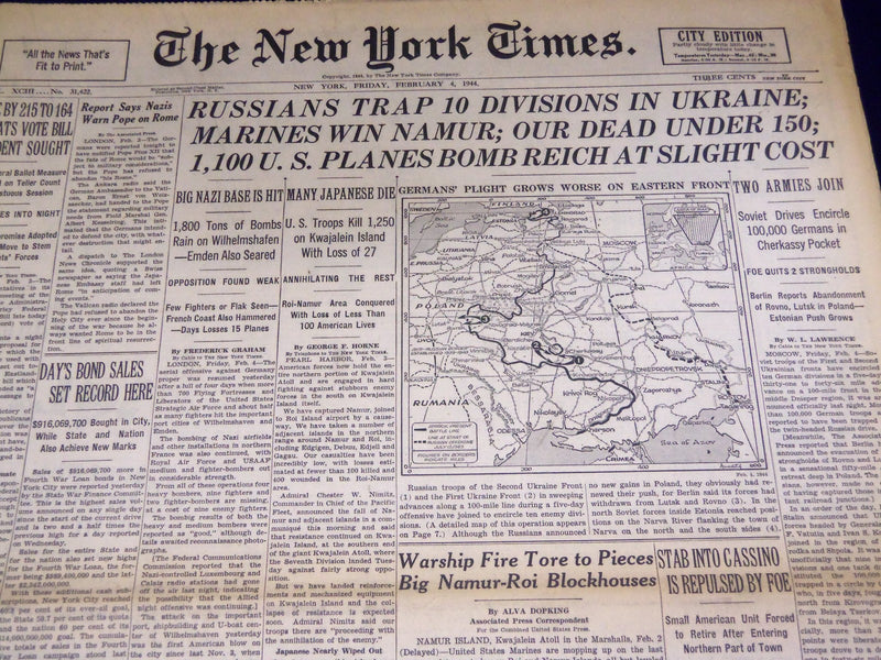 1944 FEBRUARY 4 NEW YORK TIMES - 10 DIVISIONS TRAPPED IN UKRAINE - NT 3349