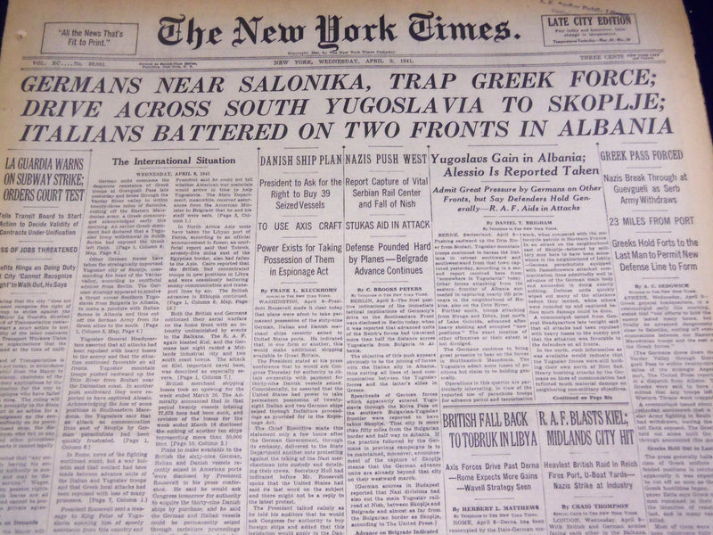 1941 APRIL 9 NEW YORK TIMES - GERMAN'S NEAR SALONIKA TRAP GREEK FORCE - NT 1394
