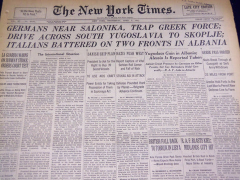 1941 APRIL 9 NEW YORK TIMES - GERMAN'S NEAR SALONIKA TRAP GREEK FORCE - NT 1394
