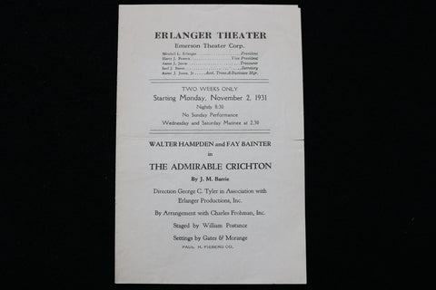 1931 ERLANGER THEATER PROGRAM - WALTER HAMPDEN & FAY BAINTER - K 1899