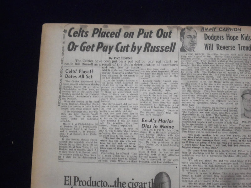 1969 MAR 18 BOSTON RECORD AMERICAN NEWSPAPER - COP SLAIN IN CAFE HOLDUP -NP 6334