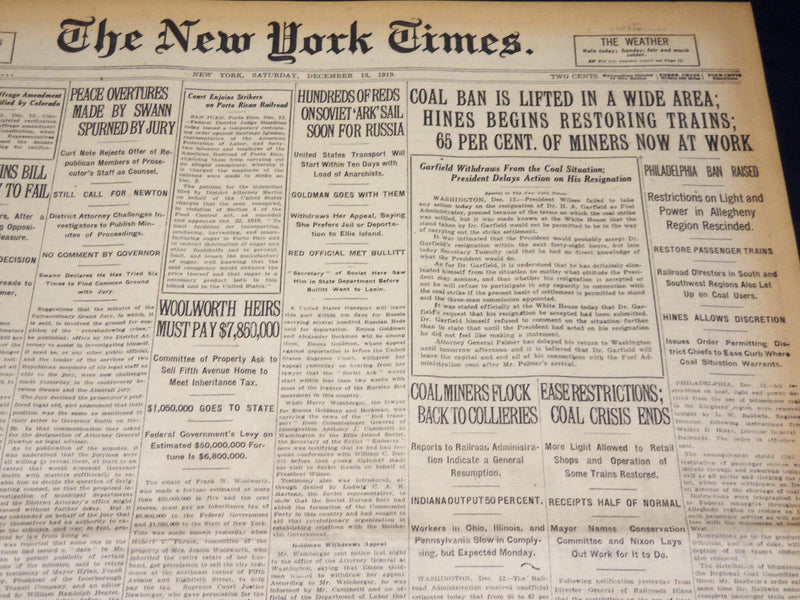 1919 DECEMBER 13 NEW YORK TIMES - WOOLWORTH HEIRS MUST PAY $7,850,000 - NT 7954