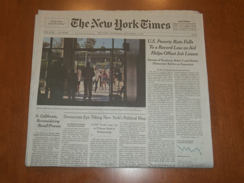 2021 SEPTEMBER 15 NEW YORK TIMES - U.S. POVERTY RATE FALLS TO RECORD LOW