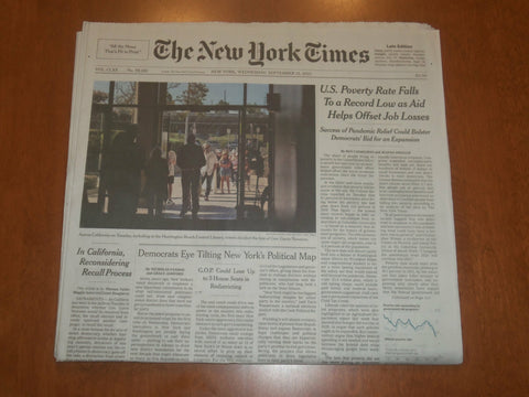 2021 SEPTEMBER 15 NEW YORK TIMES - U.S. POVERTY RATE FALLS TO RECORD LOW