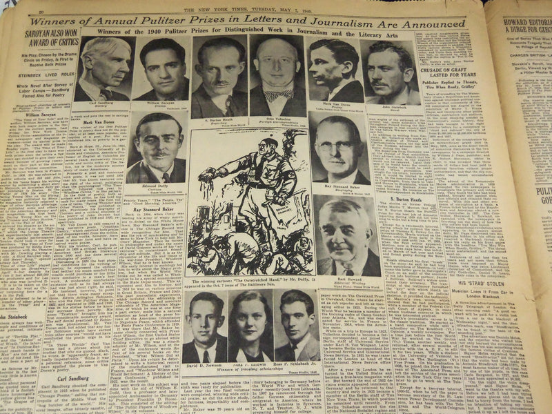 1940 MAY 7 NEW YORK TIMES - THE GRAPES OF WRATH PULITZER - NT 2891