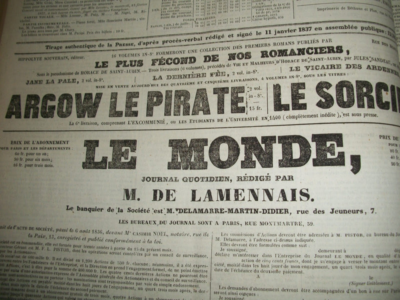 1837 JANUARY-JUNE LA PRESSE FRENCH NEWSPAPER BOUND VOLUME - SCIENCE - KD 1279I