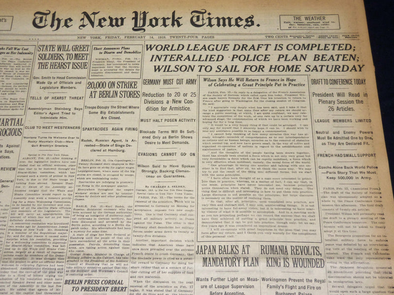 1919 FEBRUARY 14 NEW YORK TIMES - WORLD LEAGUE DRAFT IS COMPLETED - NT 7965
