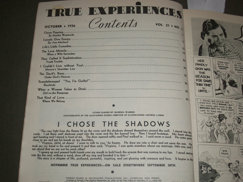 1936 OCTOBER TRUE EXPERIENCES MAGAZINE - GEORGIA WARREN COVER - SP 7197