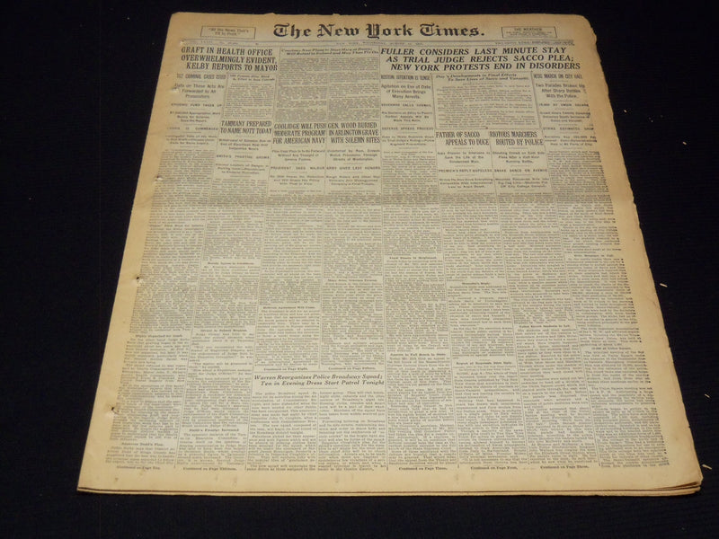 1927 AUG 10 NEW YORK TIMES - JUDGE REJECTS SACCO PLEA -FULLER CONSIDERS- NT 9560