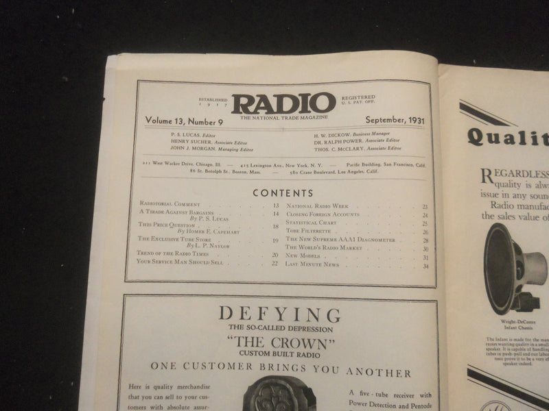 1931 SEPTEMBER RADIO MAGAZINE - THE NATIONAL TRADE MAGAZINE - B 433D