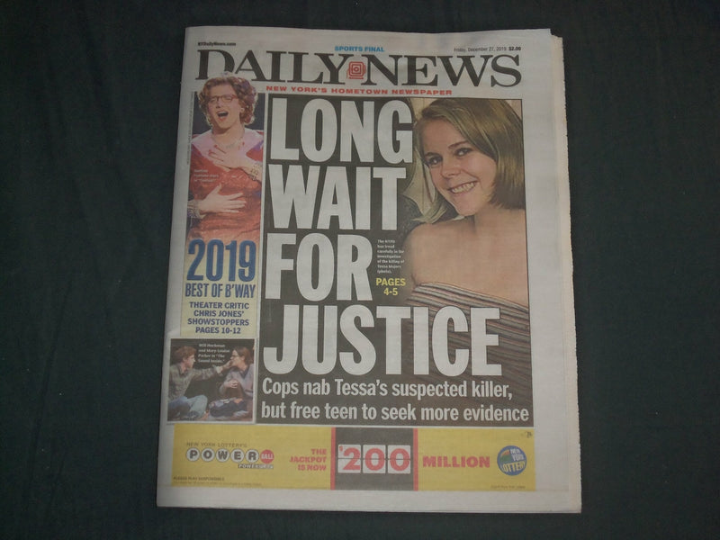 2019 DECEMBER 27 NEW YORK DAILY NEWS NEWSPAPER - COPS NAB TESSA MAJORS KILLER