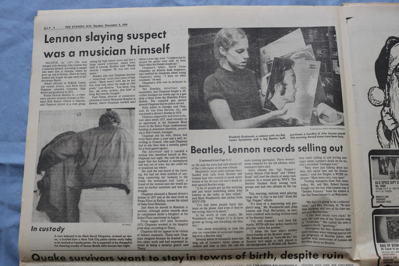 1980 DECEMBER 9 THE EVENING SUN - JOHN LENNON MURDERED - BALTIMORE, MD - NP 9214