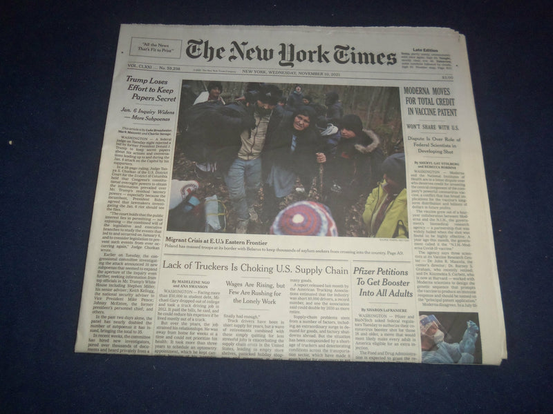 2021 NOVEMBER 10 NEW YORK TIMES - TRUMP LOSES EFFORT TO KEEP PAPERS SECRET
