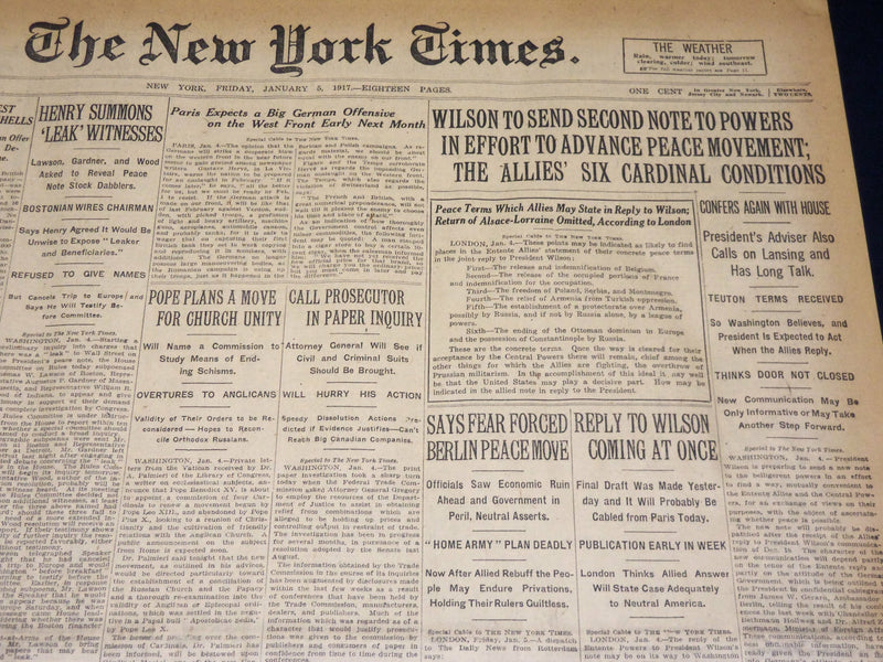 1917 JANUARY 5 NEW YORK TIMES - WILSON TO SEND NOTE TO POWERS - NT 8735