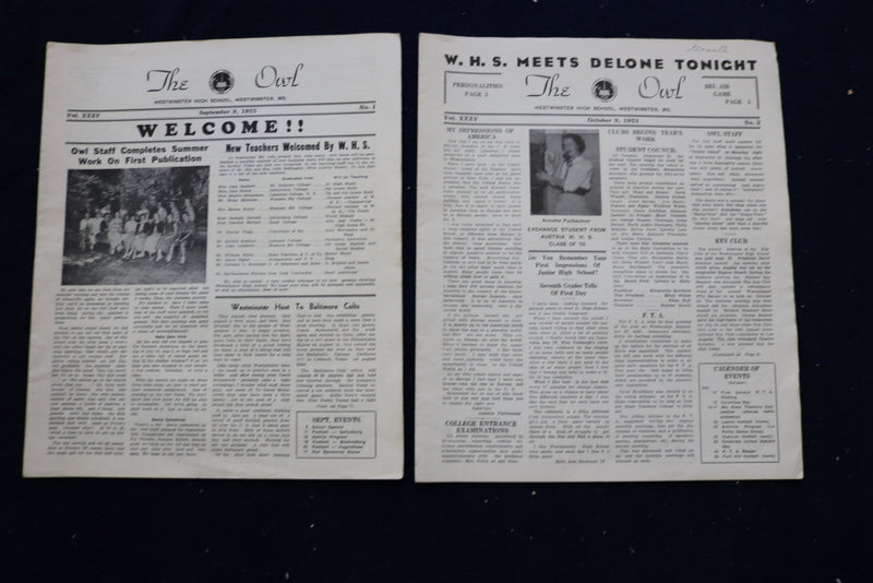 1949-1954 THE OWL NEWSPAPER - WESTMINSTER (MD) HIGH SCHOOL - LOT OF 48 - NP 8905