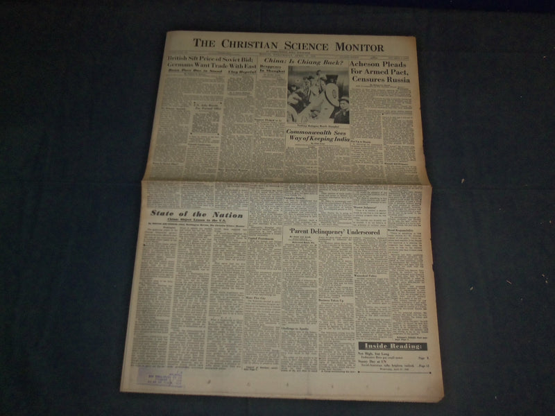 1949 APRIL 27 THE CHRISTIAN SCIENCE MONITOR NEWSPAPER - IS CHIANG BACK?- NP 3399
