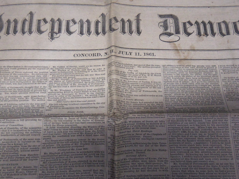 1861 JULY 11 THE INDEPENDENT DEMOCRAT NEWSPAPER - LINCOLN'S MESSAGE - K 74