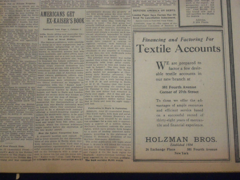 1922 JUNE 13 NEW YORK TIMES - AMERICANS WIN FOR EX-KAISER'S BOOK - NT 8399