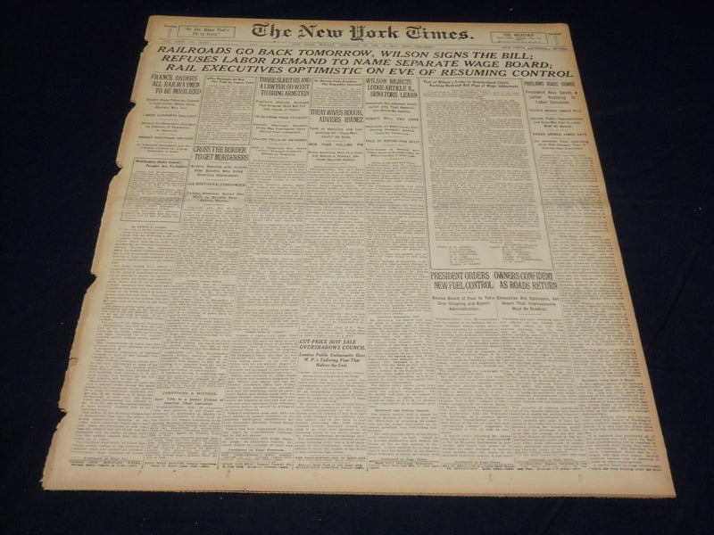 1920 FEB 29 NEW YORK TIMES - RAILROADS GO BACK TOMORROW WILSON SIGNS - NT 7873