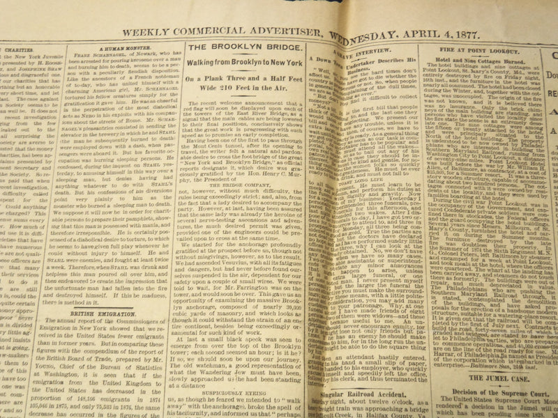 1877 APRIL 4 WEEKLY COMMERCIAL ADVERTISER NEWSPAPER - BROOKLYN BRIDGE - NP 8977
