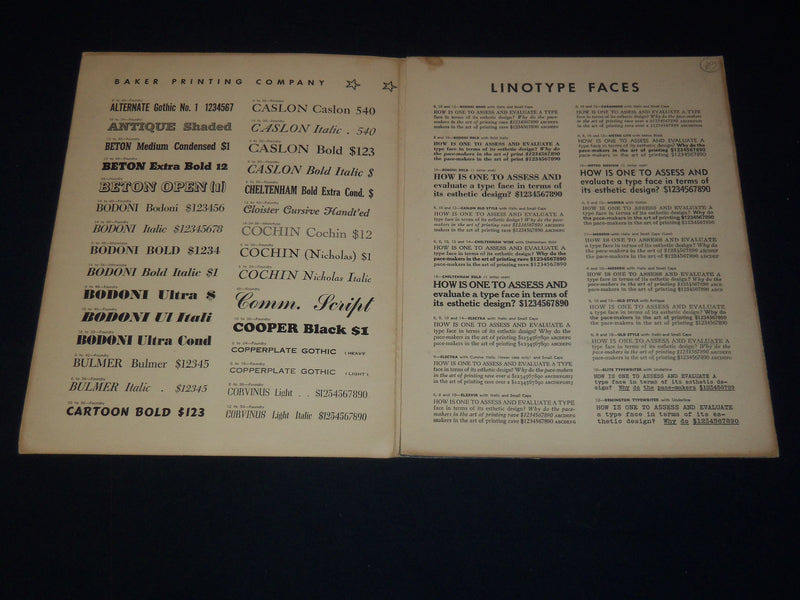 1940'S BAKER PRINTING COMPANY CATALOG- TYPE FACES - NEWARK NEW JERSEY - K 2091