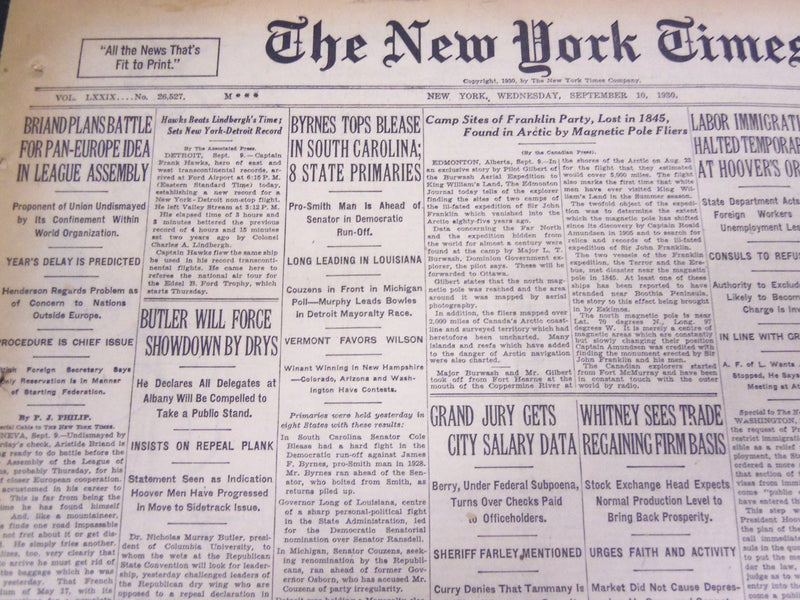1930 SEPTEMBER 10 NEW YORK TIMES - BYRNES TOPS BLEASE IN SOUTH CAROLINA- NT 4194
