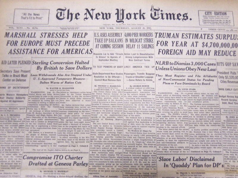 1947 AUGUST 21 NEW YORK TIMES - G. M. ORDERS HALTS FOR LACK OF STEEL - NT 5132