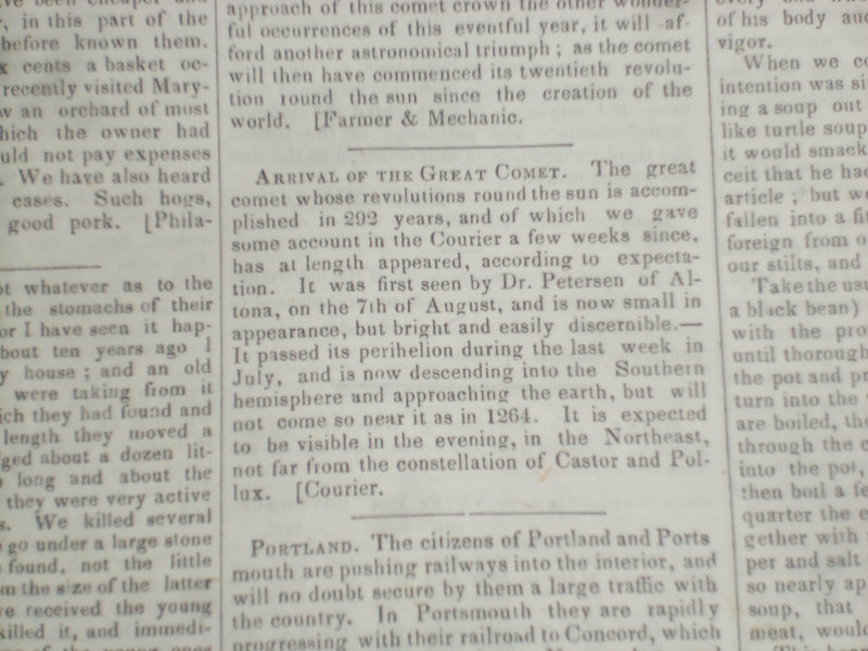 1848 SEPTEMBER 16 MASSACHUSETTS PLOUGHMAN NEWSPAPER - GREAT COMET - NP 5155