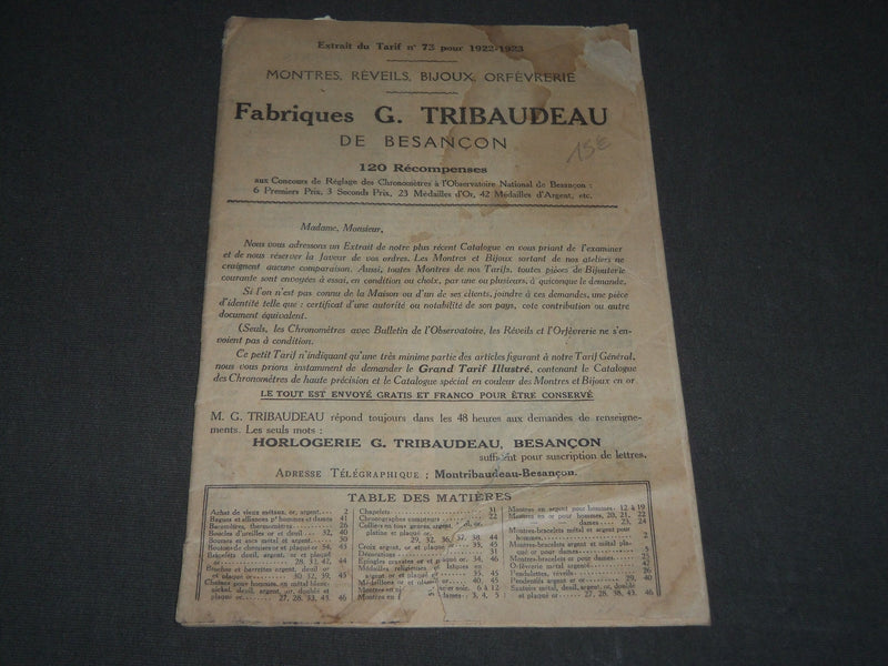 1922-1923 G. TRIBAUDEAU FABRIQUES DE BESANCON MONTRES FRENCH CATALOGUE - FR 599