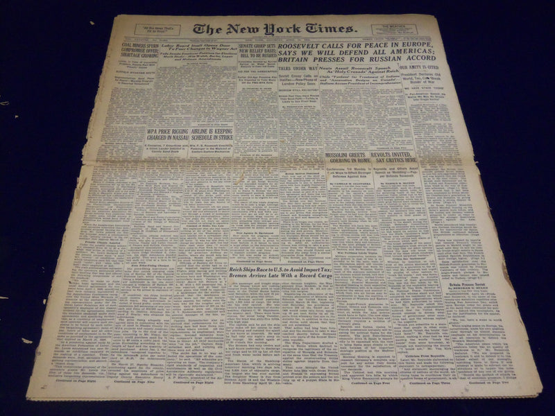 1939 APRIL 15 NEW YORK TIMES - ROOSEVELT CALLS FOR PEACE IN EUROPE - NT 1323